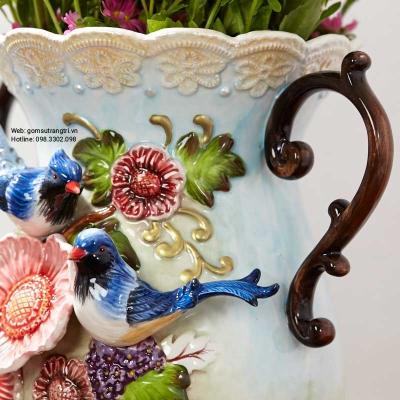 BÌNH CÓ TAY CẦM ĐẮP NỔI CHIM HOA